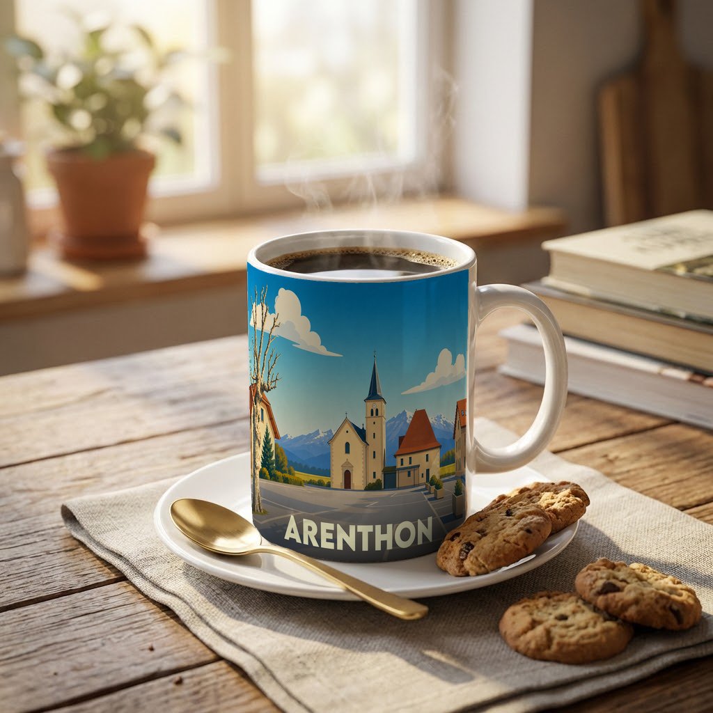 Mug souvenir de la ville d'Arenthon illustré d'un paysage urbain stylisé avec une église et des montagnes.