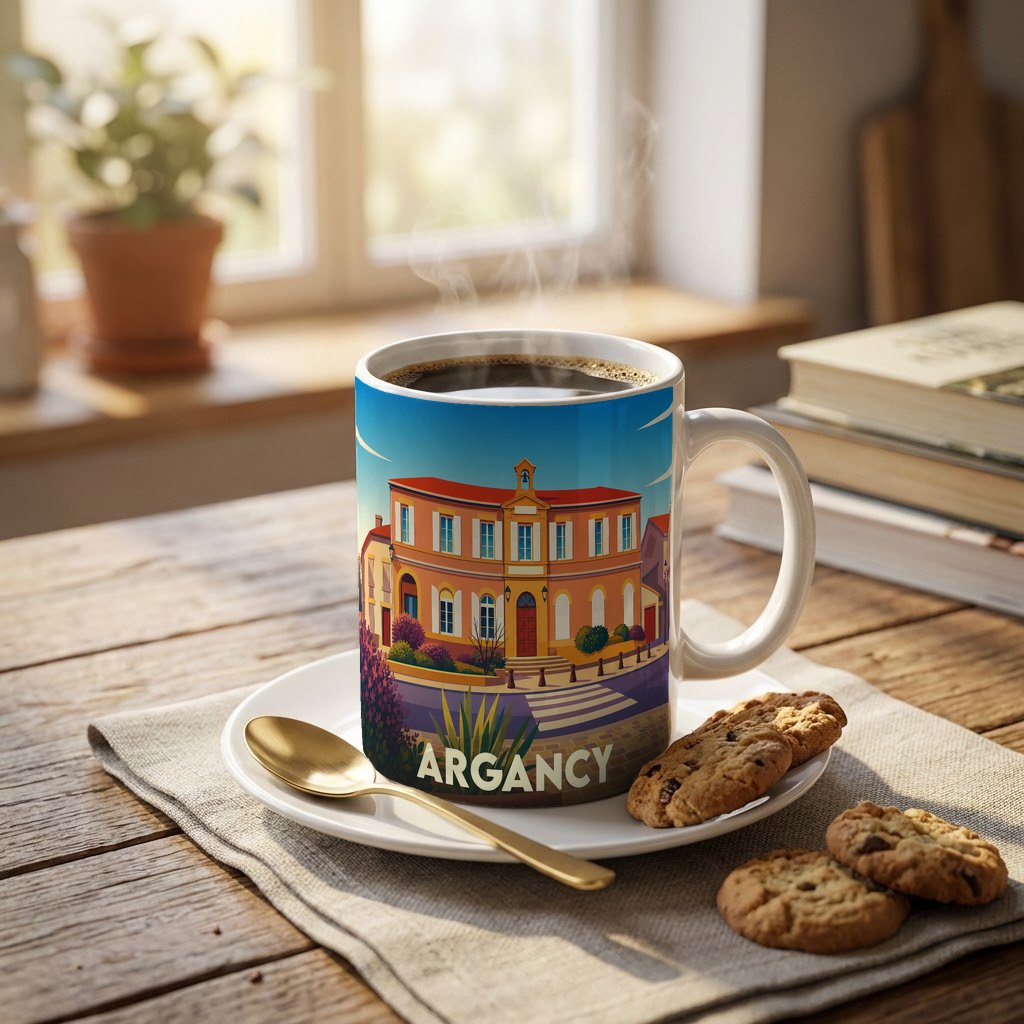 Mug souvenir de la ville d'Argancy avec une illustration stylisée de son architecture.