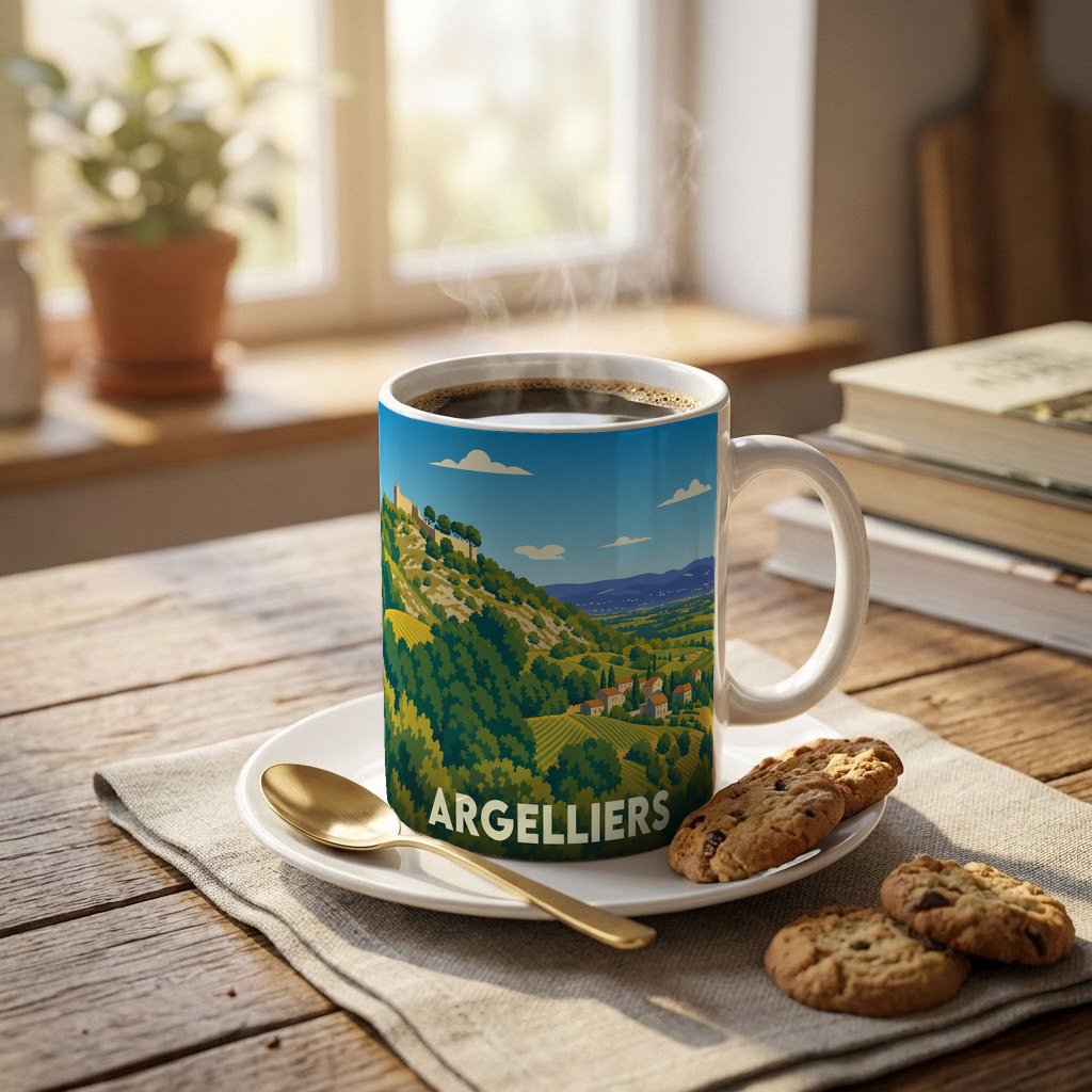 Mug souvenir de la ville d'Argelliers avec une illustration stylisée d'un paysage de campagne.