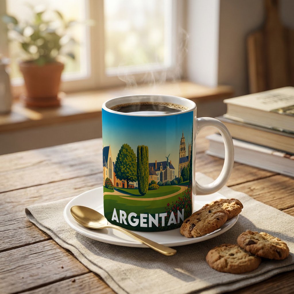 Mug souvenir de la ville d'Argentan avec une illustration stylisée d'un parc et de monuments historiques.