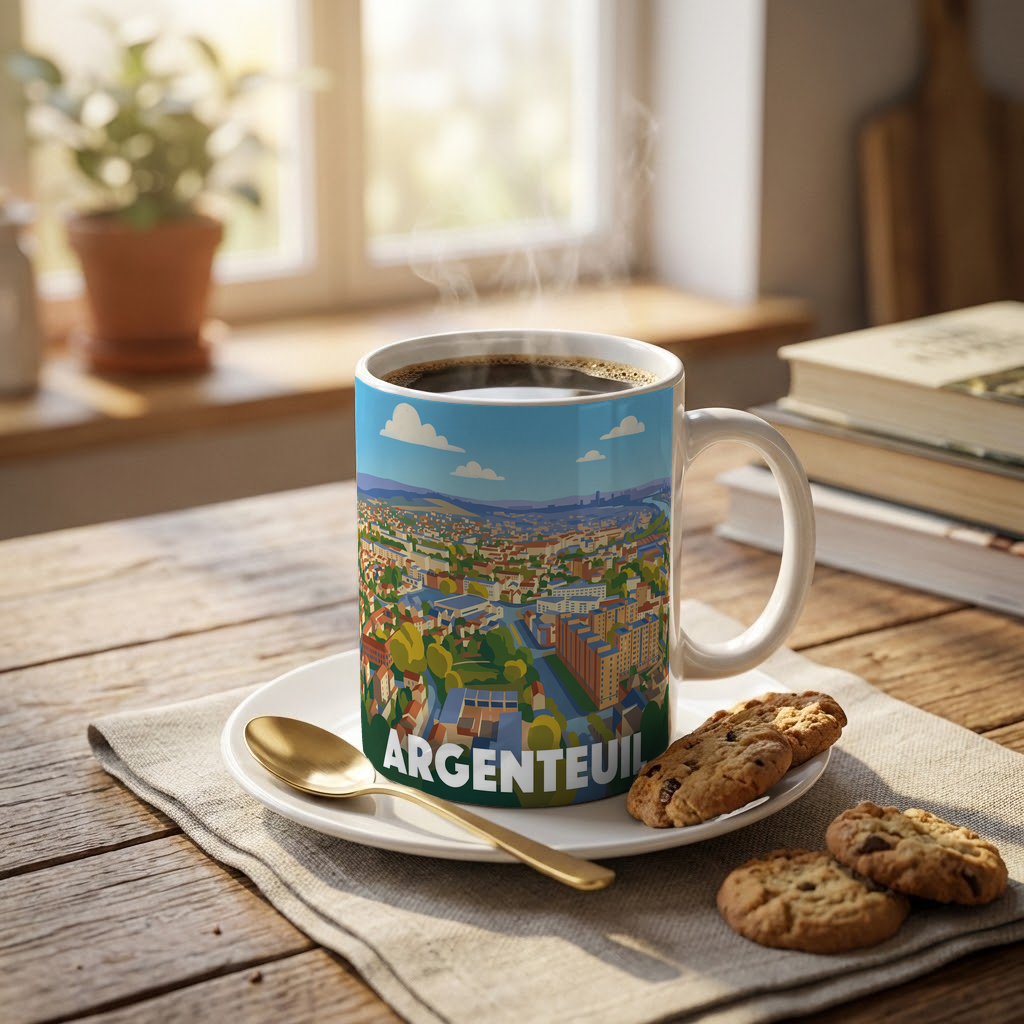 Mug souvenir de la ville d'Argenteuil avec une illustration stylisée du paysage urbain.