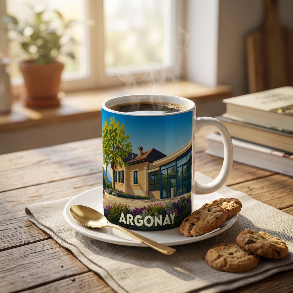 Mug souvenir de la ville d'Argonay orné d'une illustration stylisée de son paysage urbain.