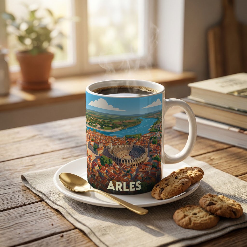 Mug souvenir de la ville d'Arles avec une illustration stylisée de son paysage urbain.