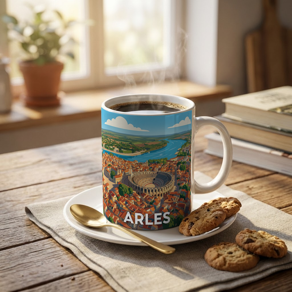 Mug souvenir de la ville d'Arles avec une illustration stylisée de son paysage urbain.