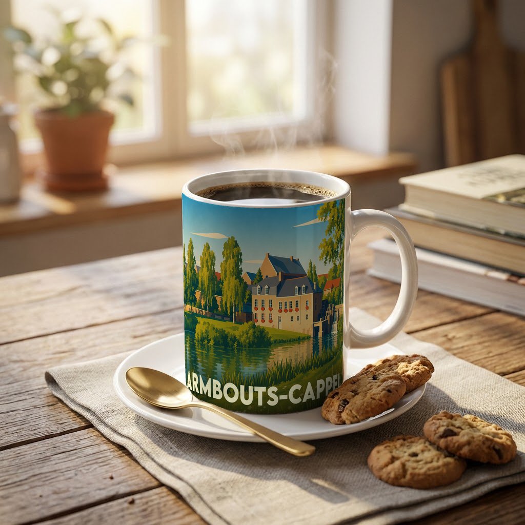 Mug souvenir de la ville d'Armbouts-Cappel orné d'une illustration stylisée de ses paysages verdoyants.