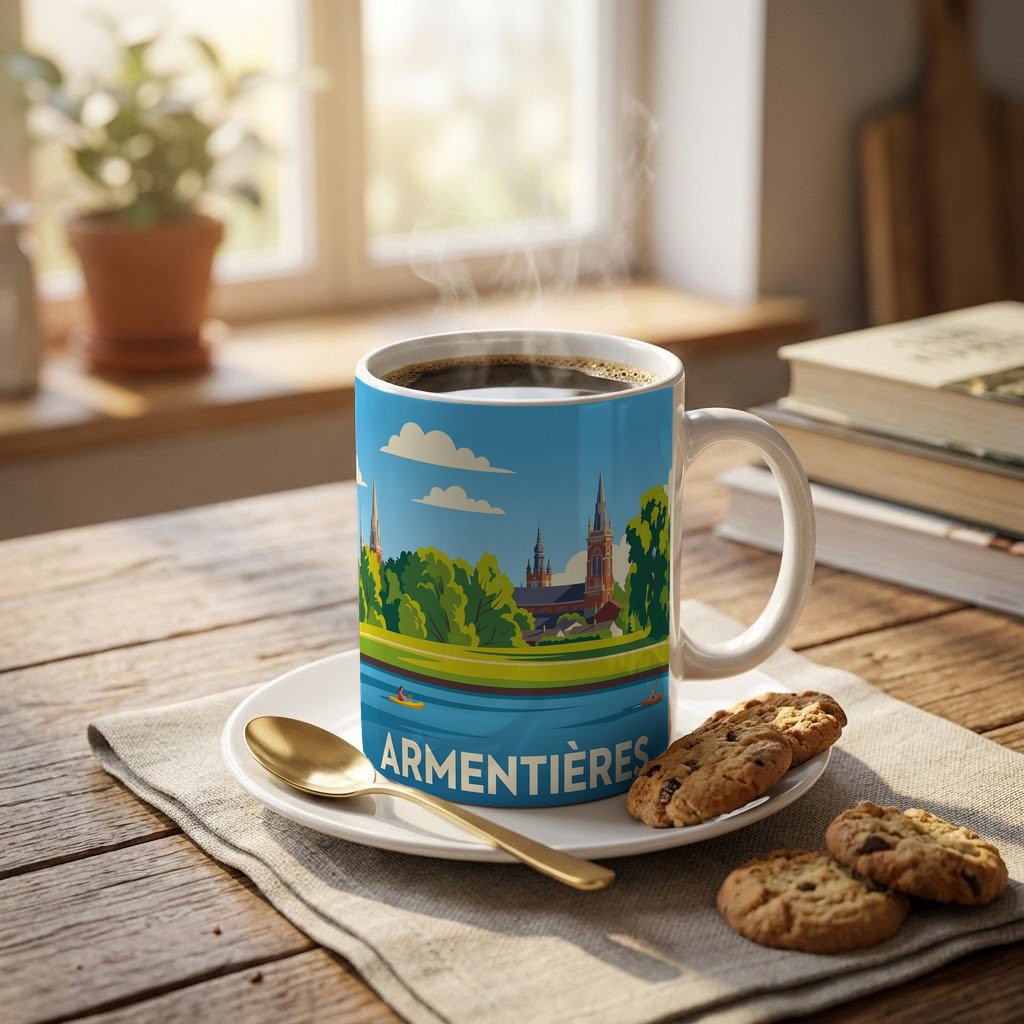 Mug souvenir de la ville d'Armentières avec une illustration stylisée.