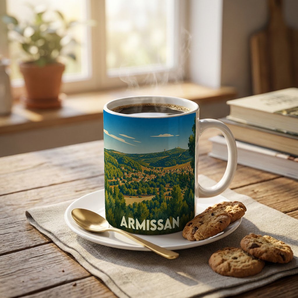 Mug souvenir de la ville d'Armissan avec une illustration stylisée de son paysage vallonné.