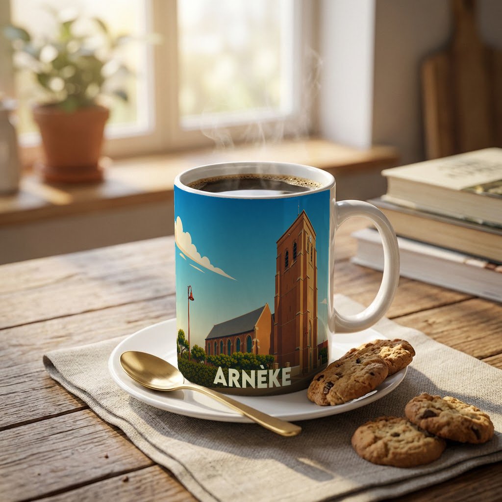 Mug souvenir de la ville d'Arnèke illustré d'une église stylisée sous un ciel bleu.