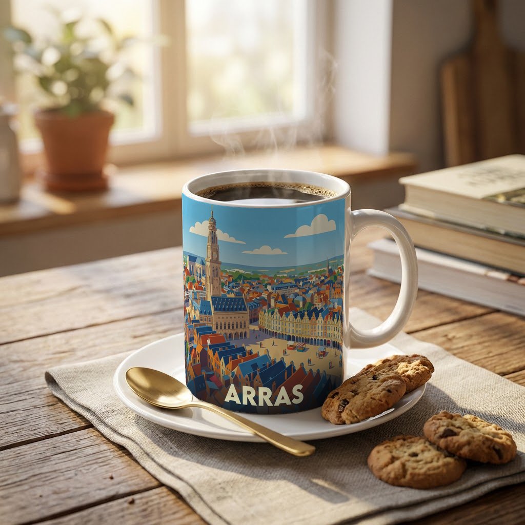 Mug souvenir de la ville d'Arras avec une illustration stylisée et colorée.