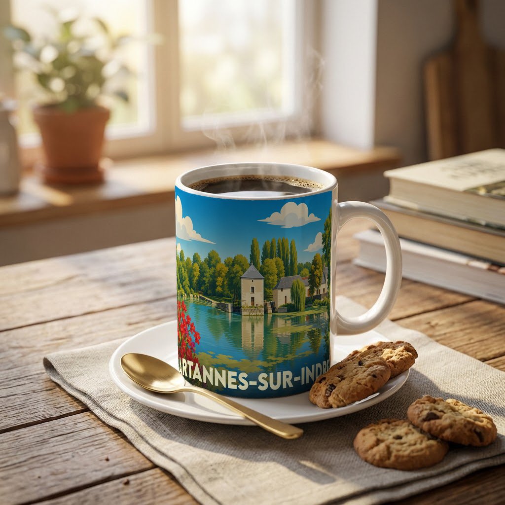 Mug souvenir de la ville d'Artannes-sur-Indre avec une illustration stylisée d'un paysage au bord de l'eau.