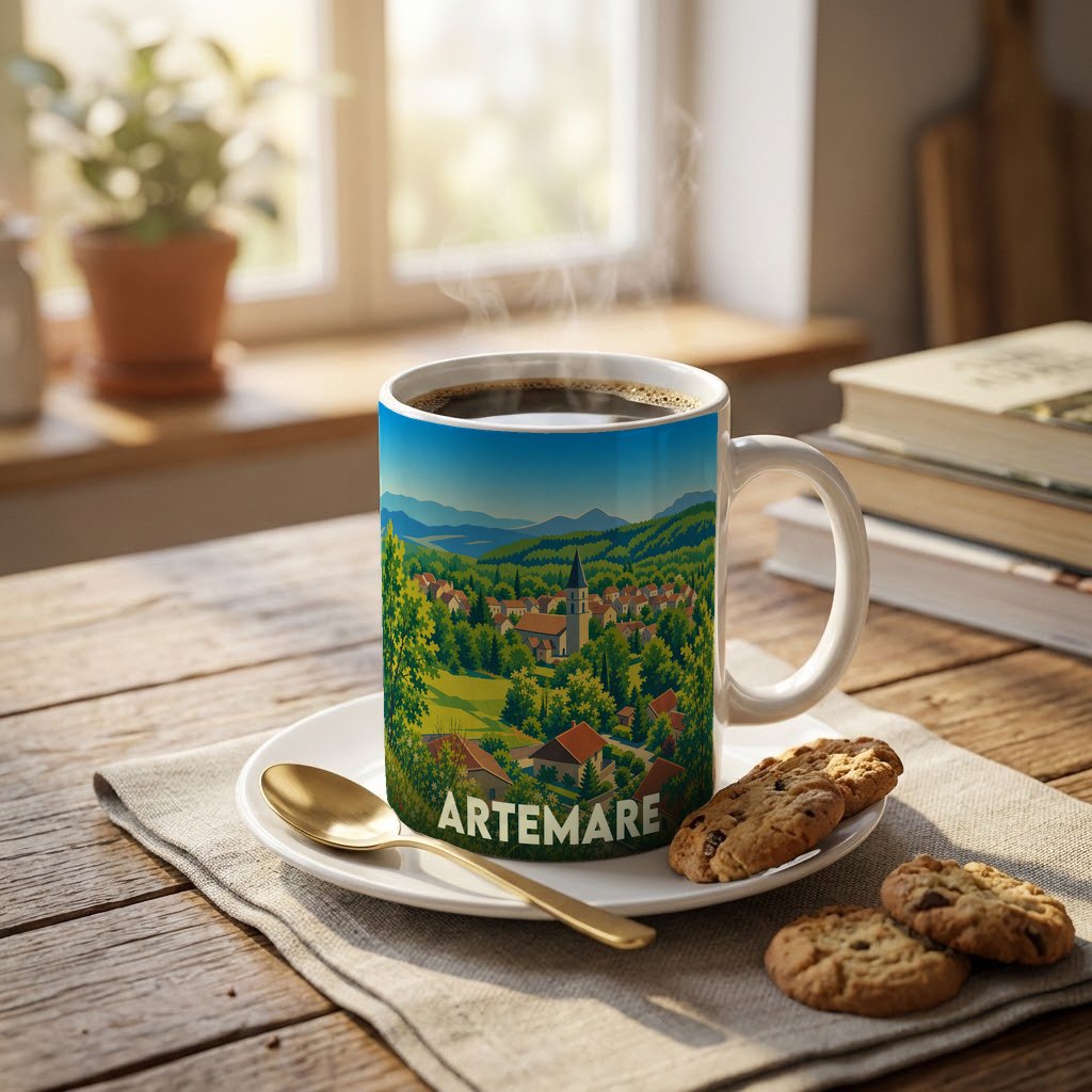 Mug souvenir de la ville d'Artemare avec une illustration stylisée de son paysage verdoyant.