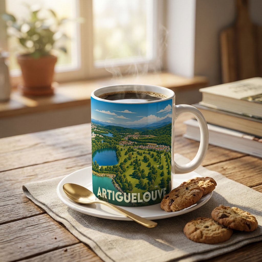 Mug souvenir de la ville d'Artiguelouve orné d'une illustration panoramique et stylisée de ses paysages.
