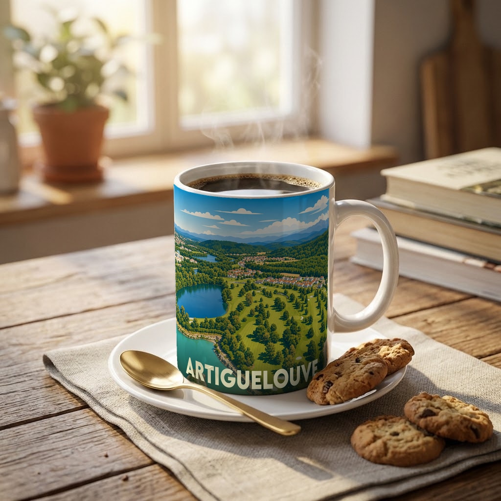 Mug souvenir de la ville d'Artiguelouve orné d'une illustration panoramique et stylisée de ses paysages.