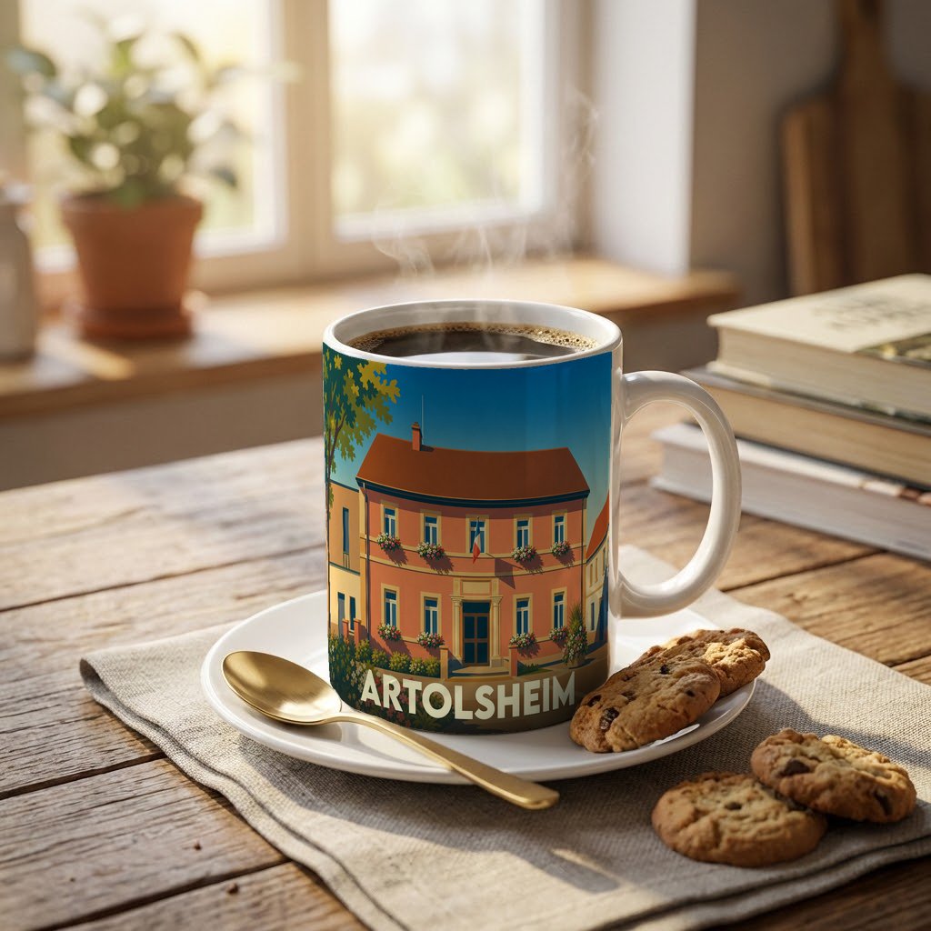 Mug souvenir de la ville d'Artolsheim avec une illustration stylisée de sa mairie.