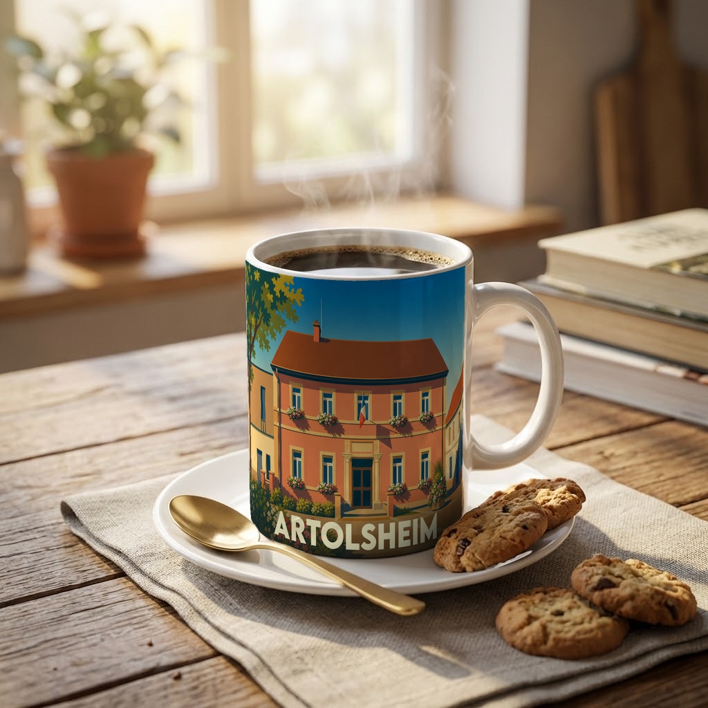 Mug souvenir de la ville d'Artolsheim avec une illustration stylisée de sa mairie.