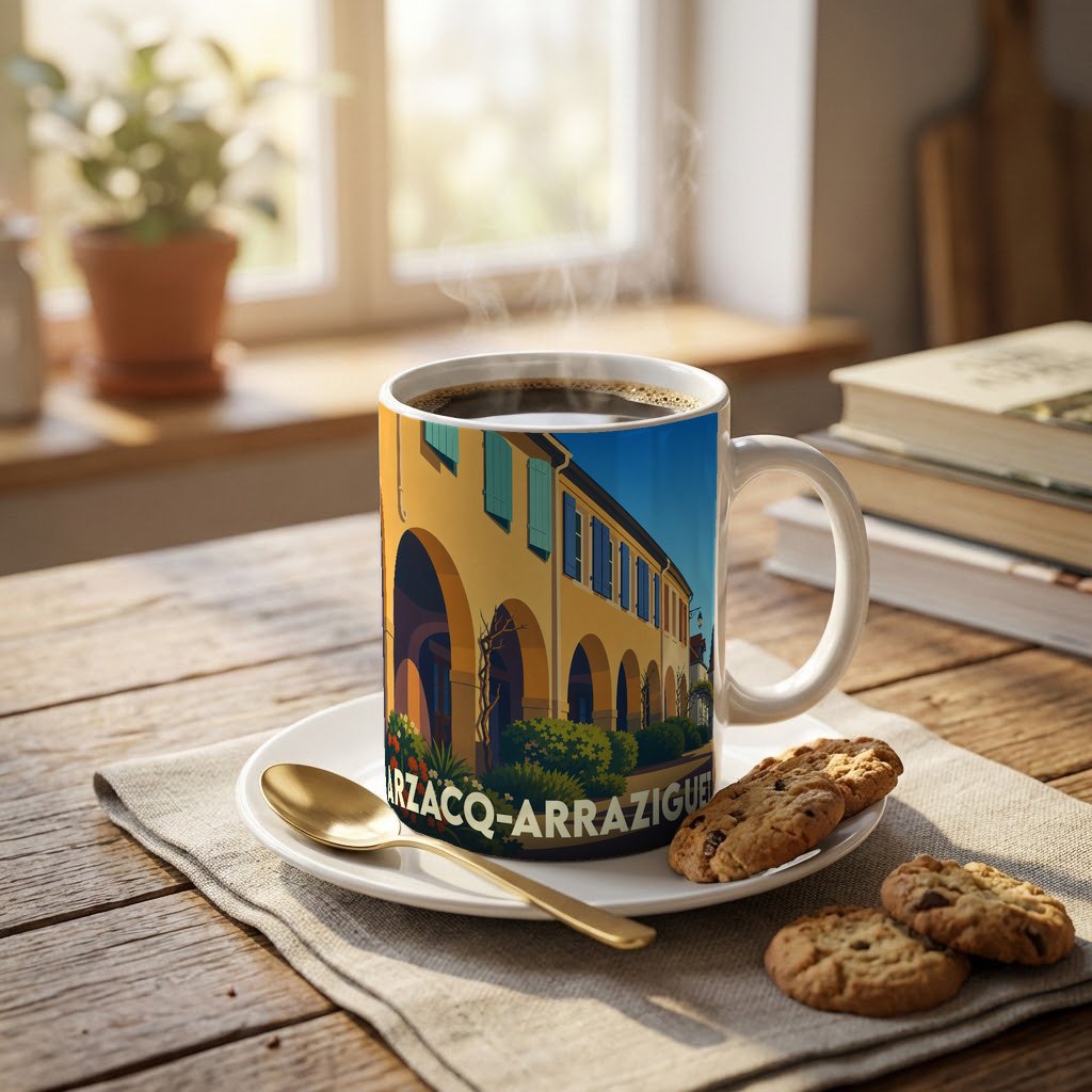 Mug souvenir de la ville d'Arzacq-Arraziguet avec une illustration stylisée de son architecture à arcades.