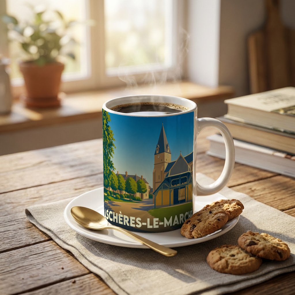 Mug souvenir de la ville de Aschères-le-Marché avec une illustration stylisée d'un monument local.