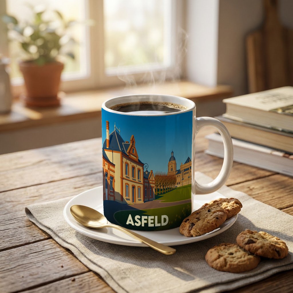 Mug souvenir de la ville d'Asfeld avec une illustration stylisée et colorée de ses monuments.