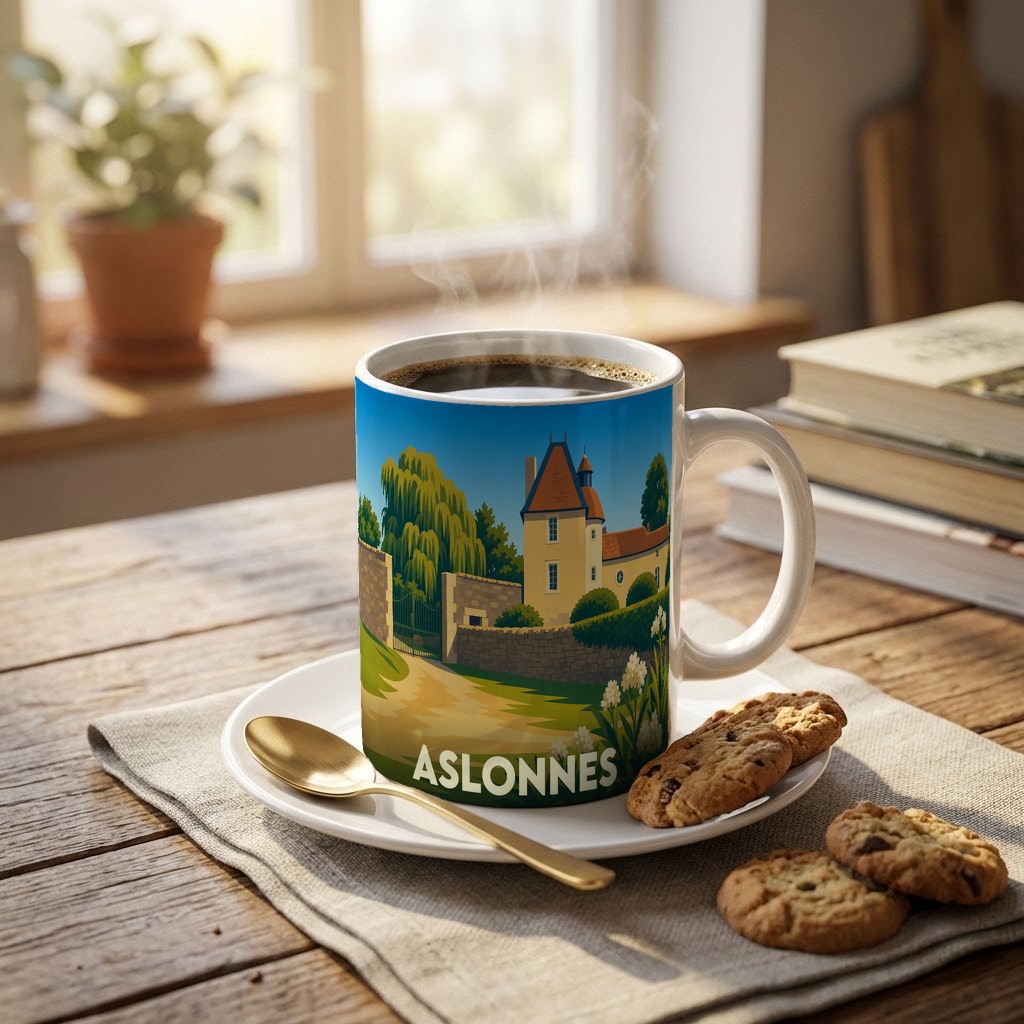 Mug souvenir de la ville d'Aslonnes orné d'une illustration stylisée représentant un château.