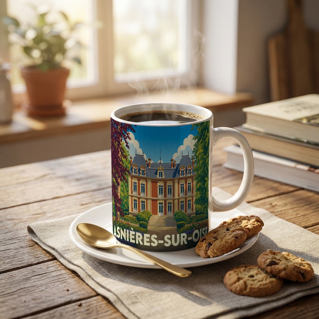 Mug souvenir de la ville d'Asnières-sur-Oise avec une illustration stylisée de son château.