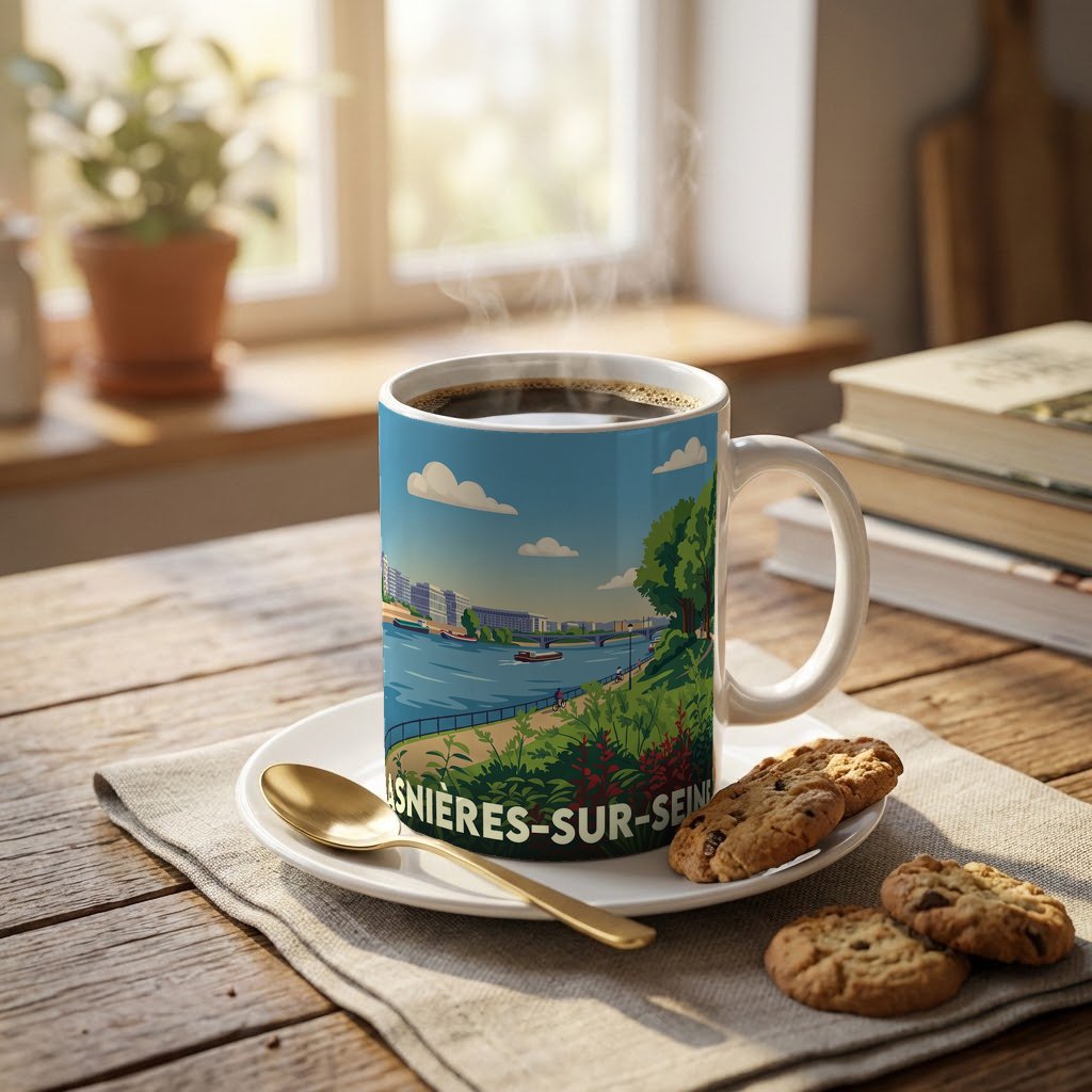 Mug souvenir de la ville d'Asnières-sur-Seine avec une illustration stylisée.