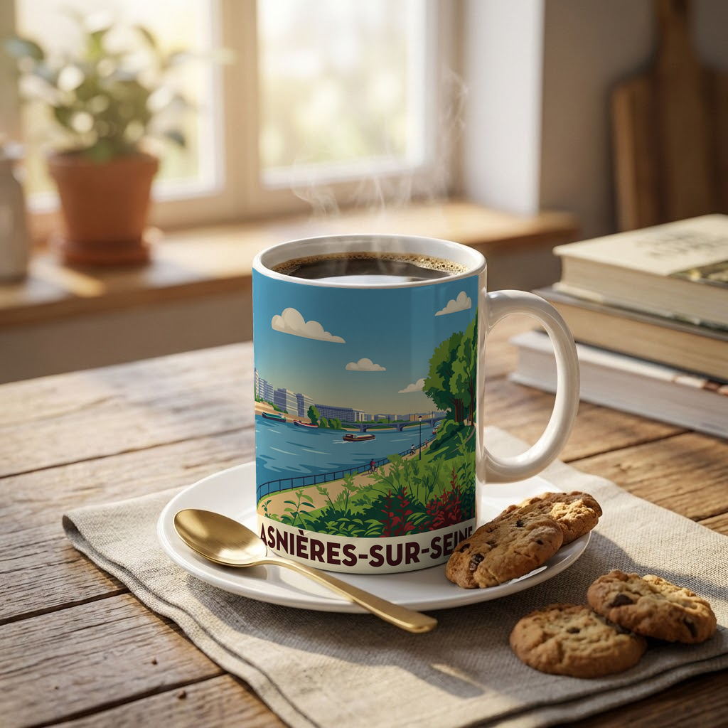Mug souvenir de la ville d'Asnières-sur-Seine avec une illustration stylisée.