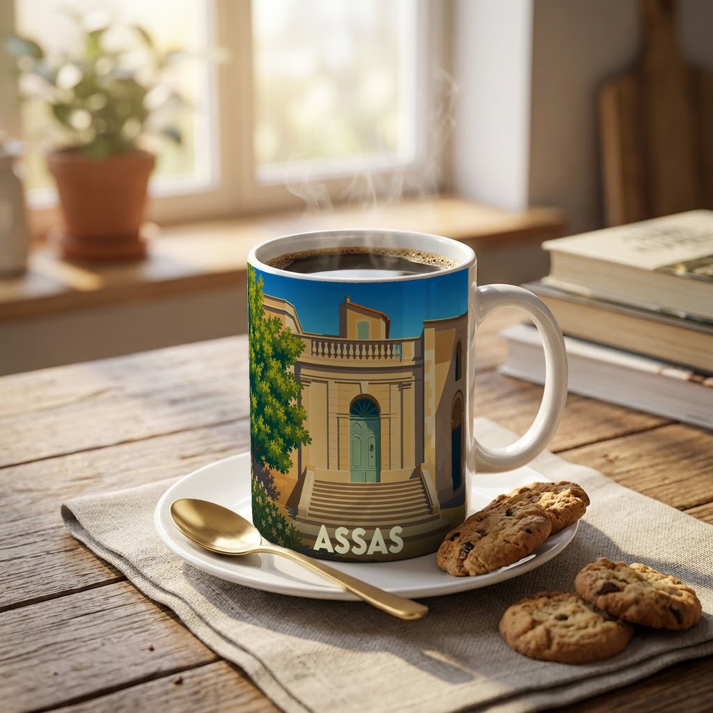 Mug souvenir de la ville d'Assas avec une illustration stylisée de sa mairie.