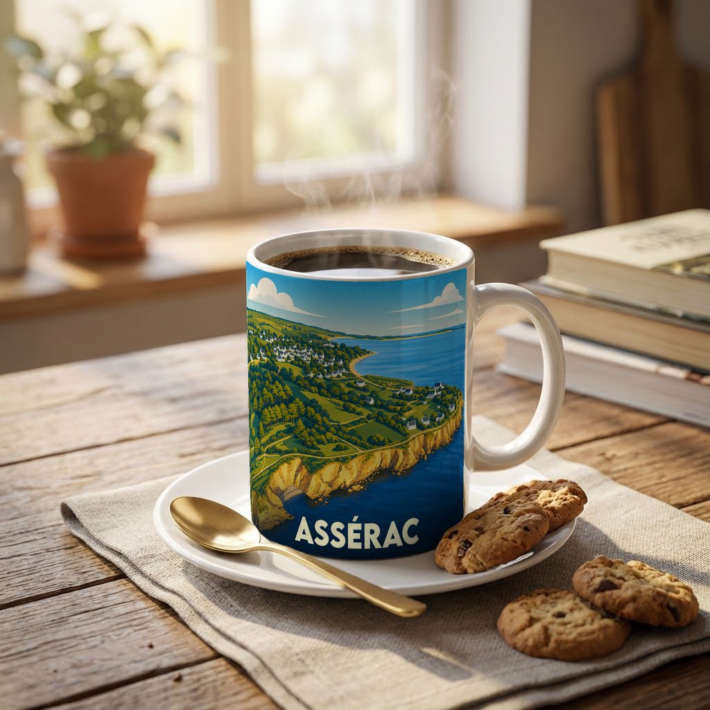 Mug souvenir de la ville d'Assérac avec une illustration stylisée de son littoral escarpé.