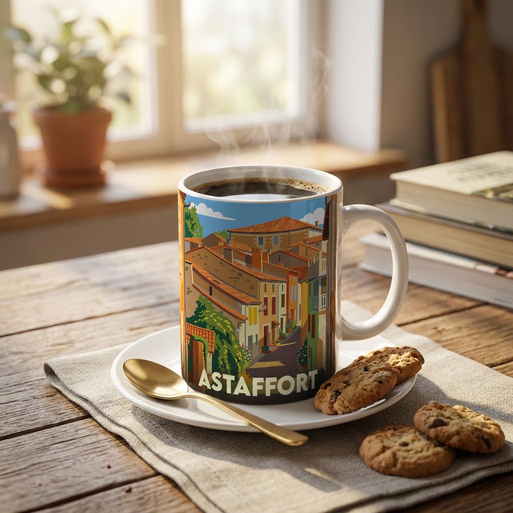 Mug souvenir de la ville d'Astaffort avec une illustration stylisée.