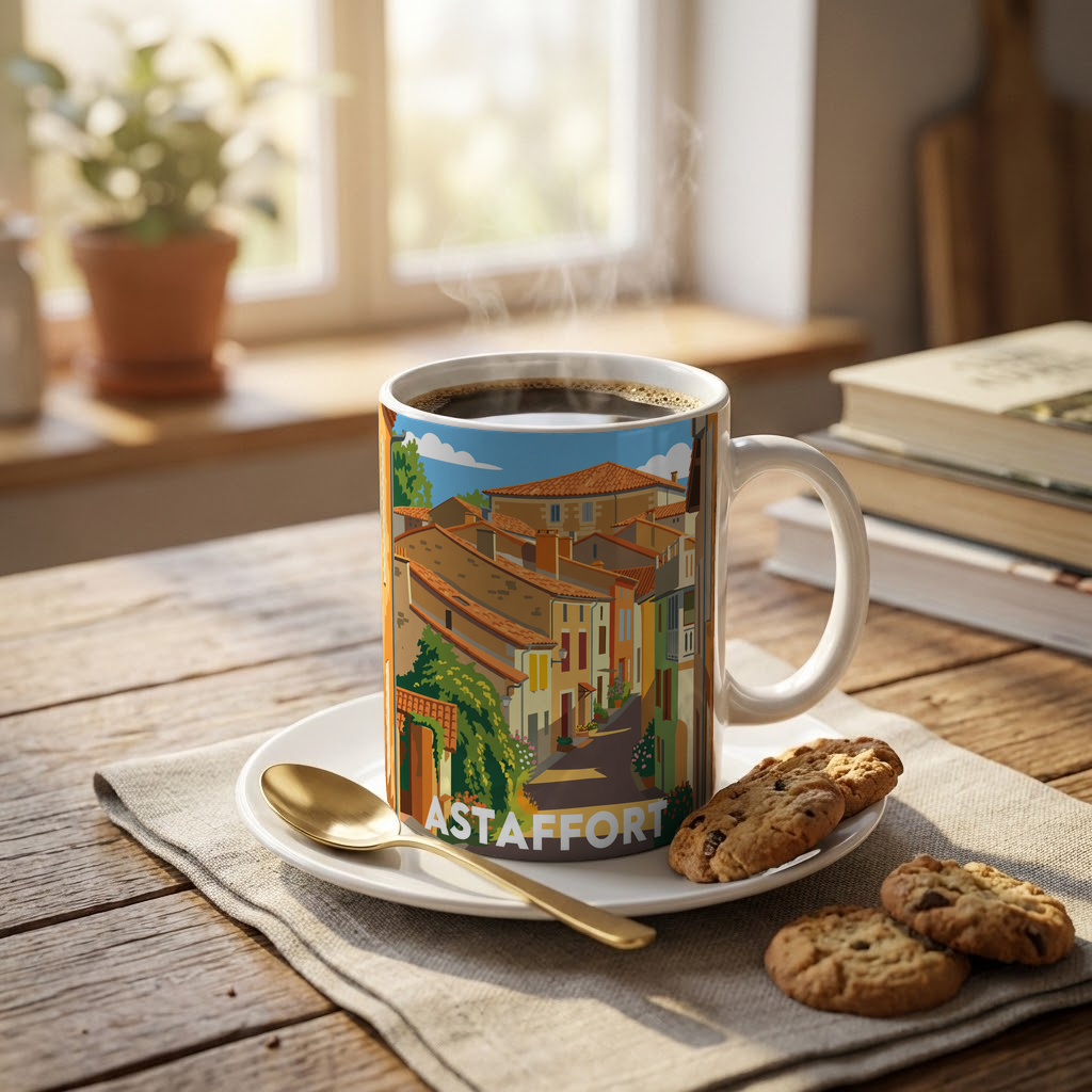 Mug souvenir de la ville d'Astaffort avec une illustration stylisée.