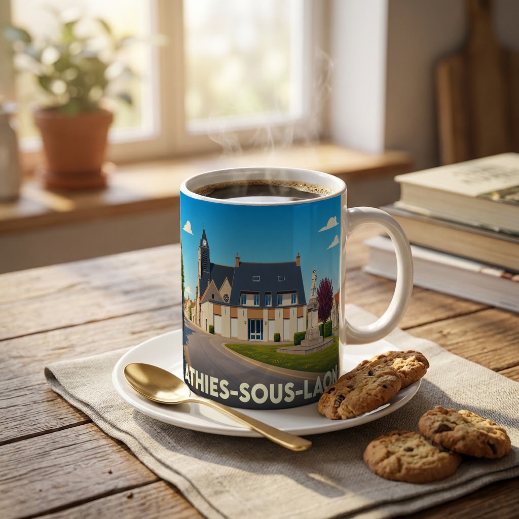 Mug souvenir de la ville d'Athies-sous-Laon orné d'une illustration stylisée de son architecture.