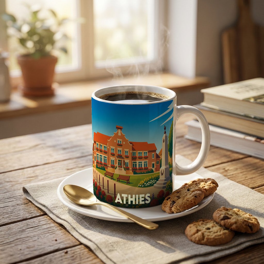 Mug souvenir de la ville d'Athies avec une illustration colorée et stylisée de son patrimoine.