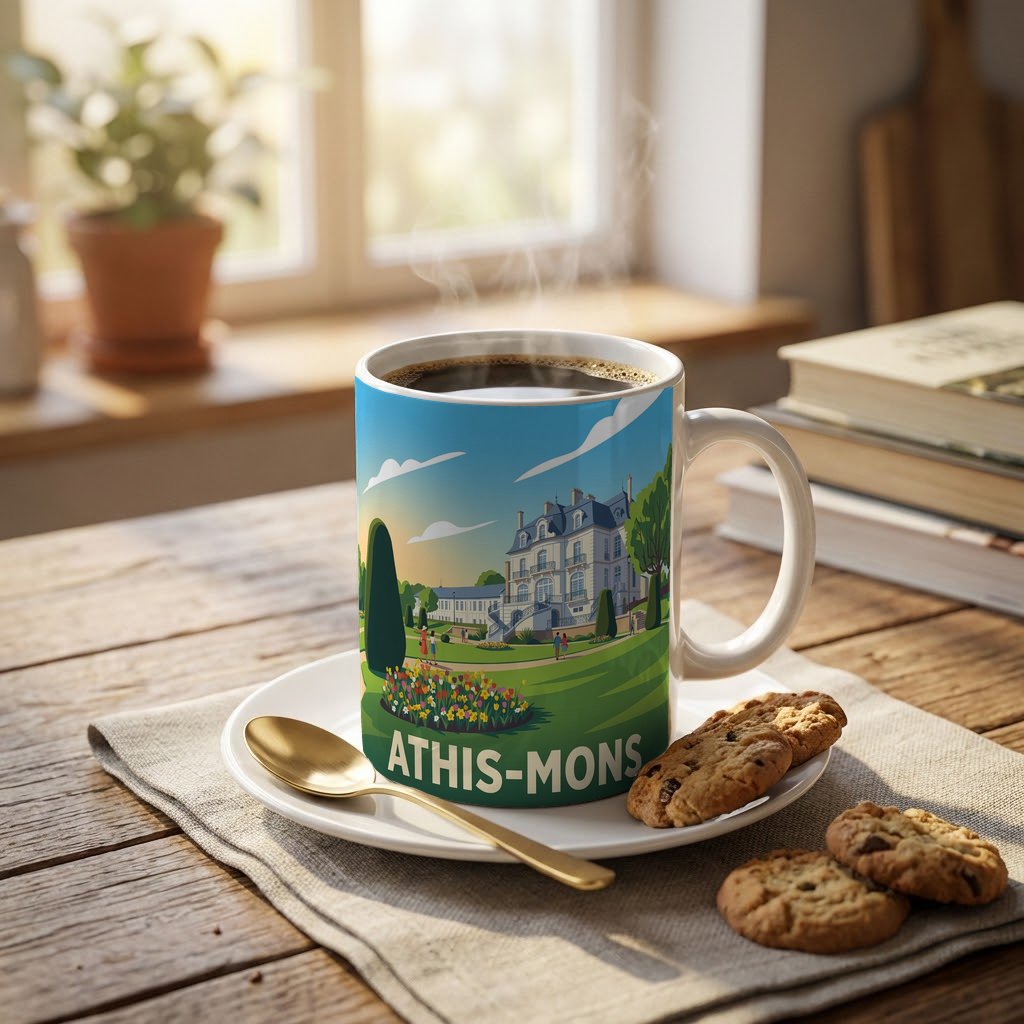 Mug souvenir de la ville d'Athis-Mons avec une illustration stylisée.