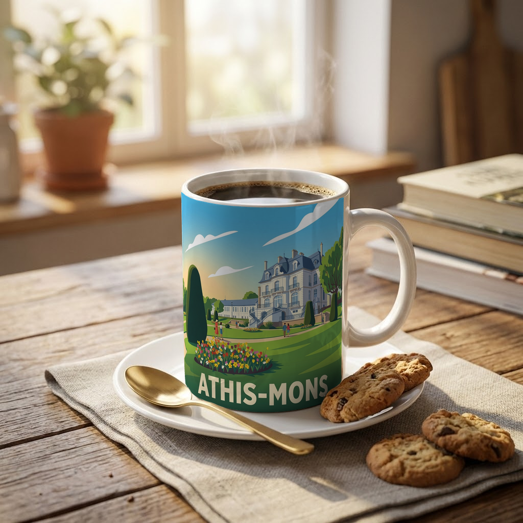 Mug souvenir de la ville d'Athis-Mons avec une illustration stylisée.