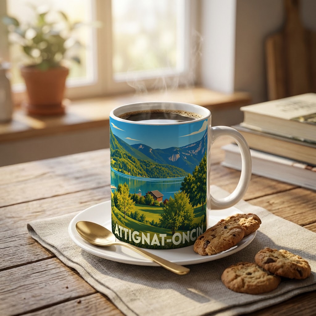 Mug souvenir de la ville d'Attignat-Oncin avec une illustration stylisée d'un paysage montagneux et d'un lac.