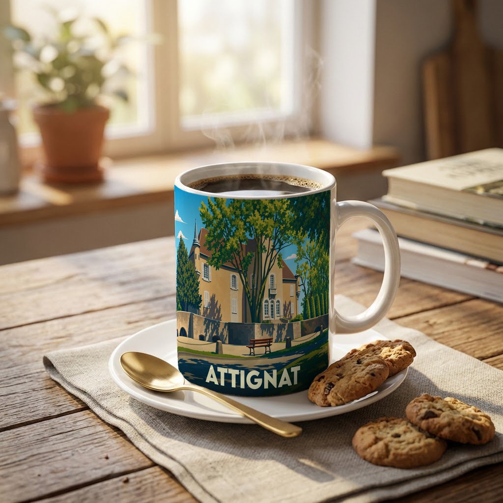 Mug souvenir de la ville d'Attignat avec une illustration stylisée d'un château entouré de verdure.