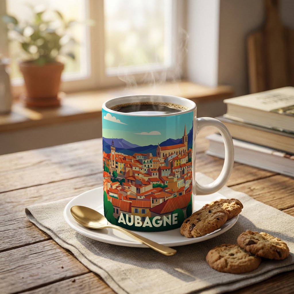 Mug souvenir de la ville d'Aubagne avec une illustration stylisée de son paysage urbain.