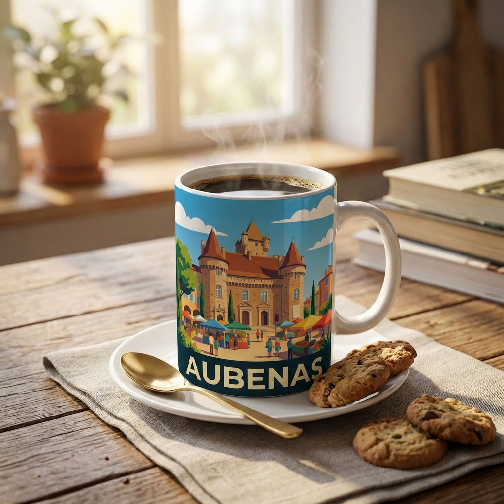 Mug souvenir de la ville d'Aubenas avec une illustration stylisée du château et du marché.