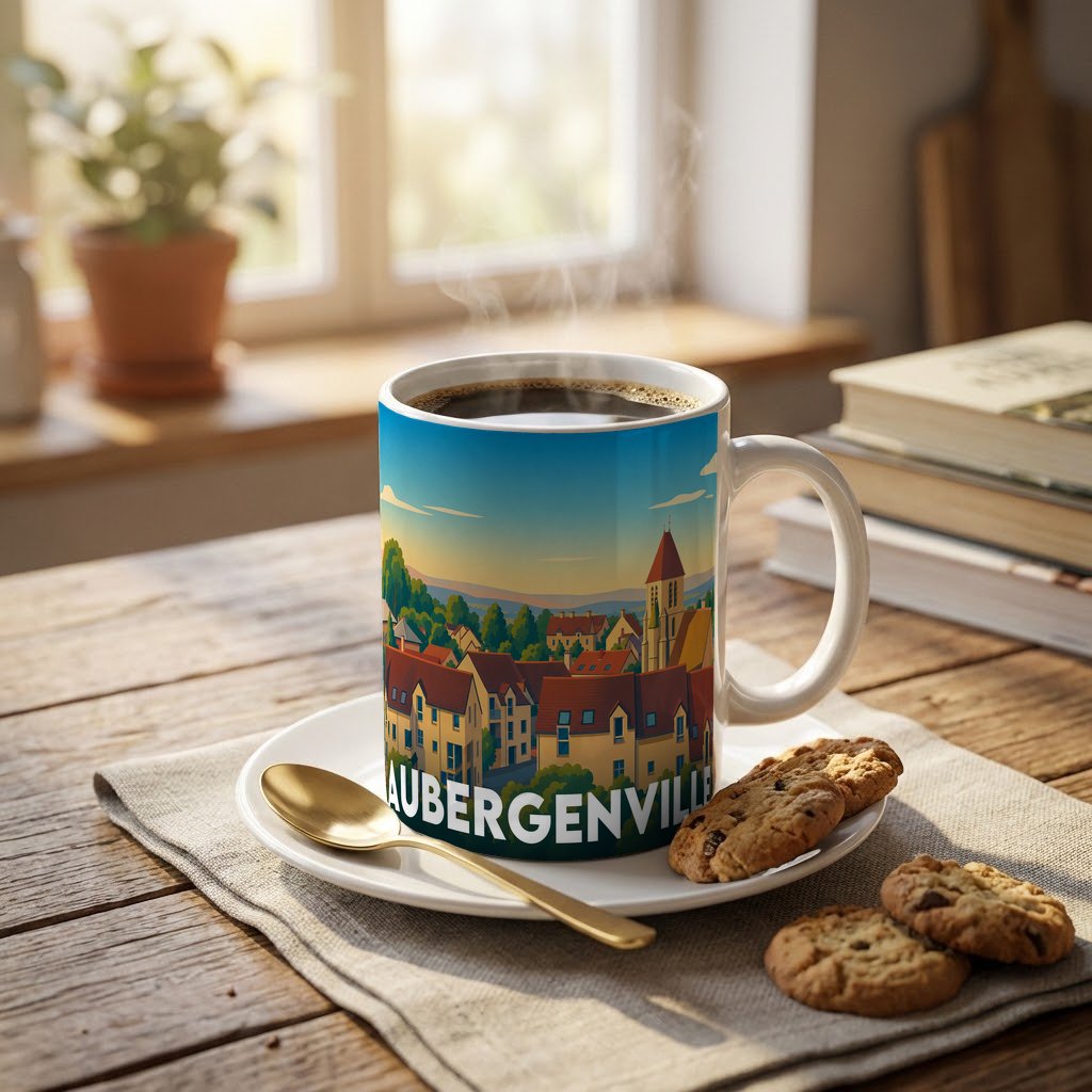 Mug souvenir de la ville d'Aubergenville avec une illustration stylisée.