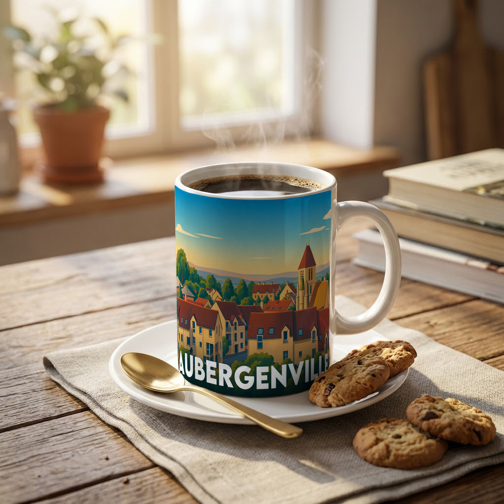 Mug souvenir de la ville d'Aubergenville avec une illustration stylisée.