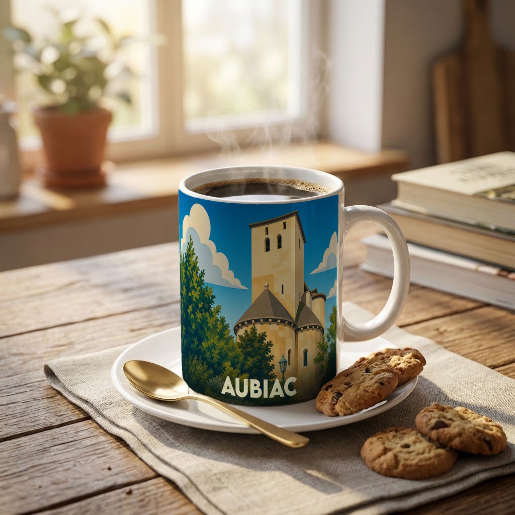 Mug souvenir de la ville d'Aubiac orné d'une illustration stylisée de son église fortifiée.