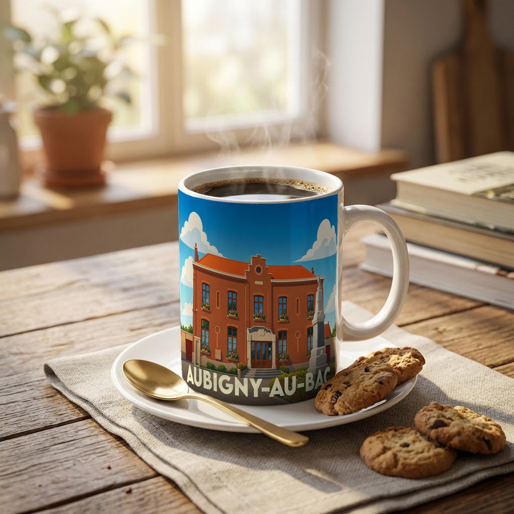 Mug souvenir de la ville d'Aubigny-au-Bac avec une illustration stylisée de son hôtel de ville.