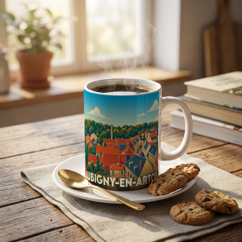 Mug souvenir de la ville d'Aubigny-en-Artois avec une illustration colorée et stylisée de ses toits.