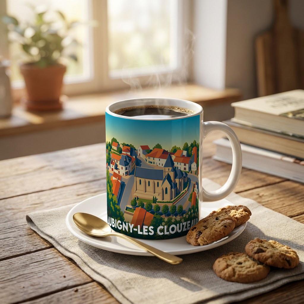 Mug souvenir de la ville d'Aubigny-Les Clouzeaux avec une illustration stylisée et colorée.