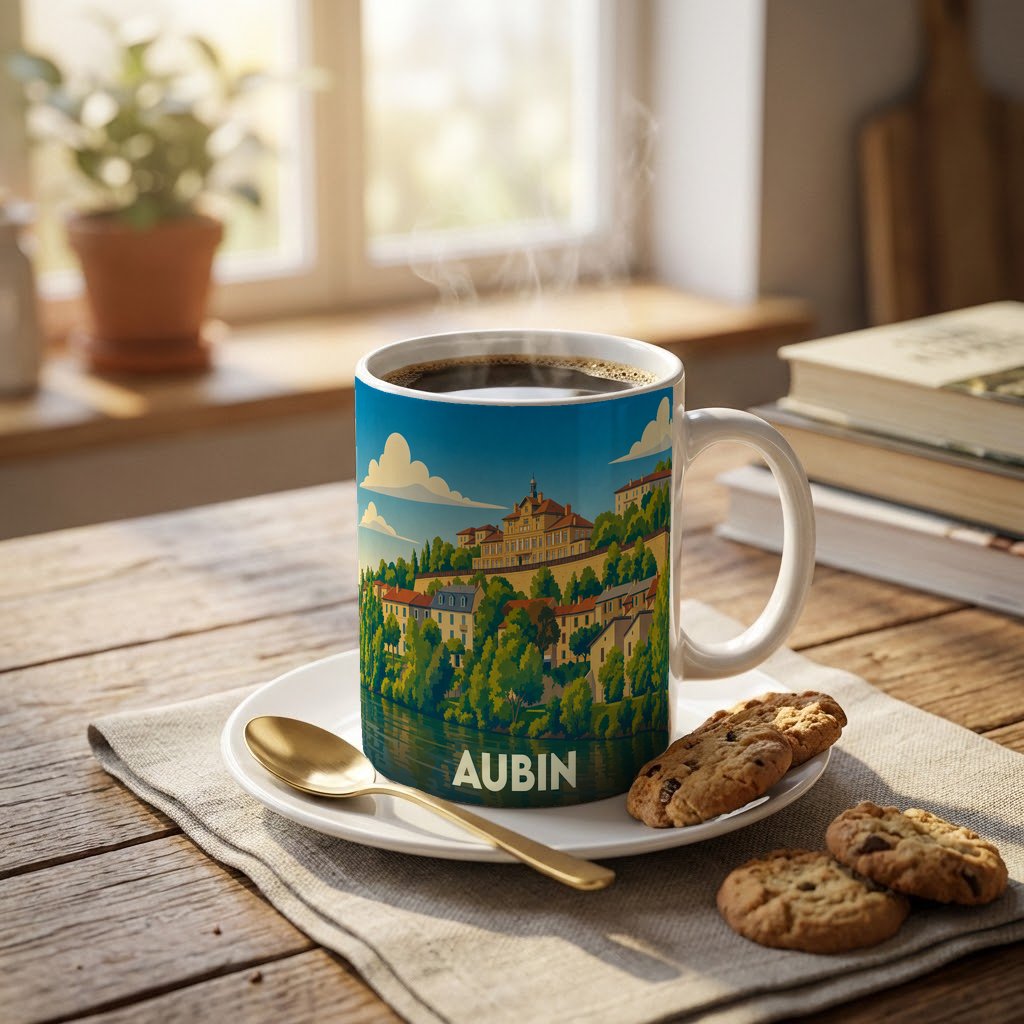 Mug souvenir de la ville d'Aubin orné d'une illustration stylisée d'un paysage urbain au bord de l'eau.