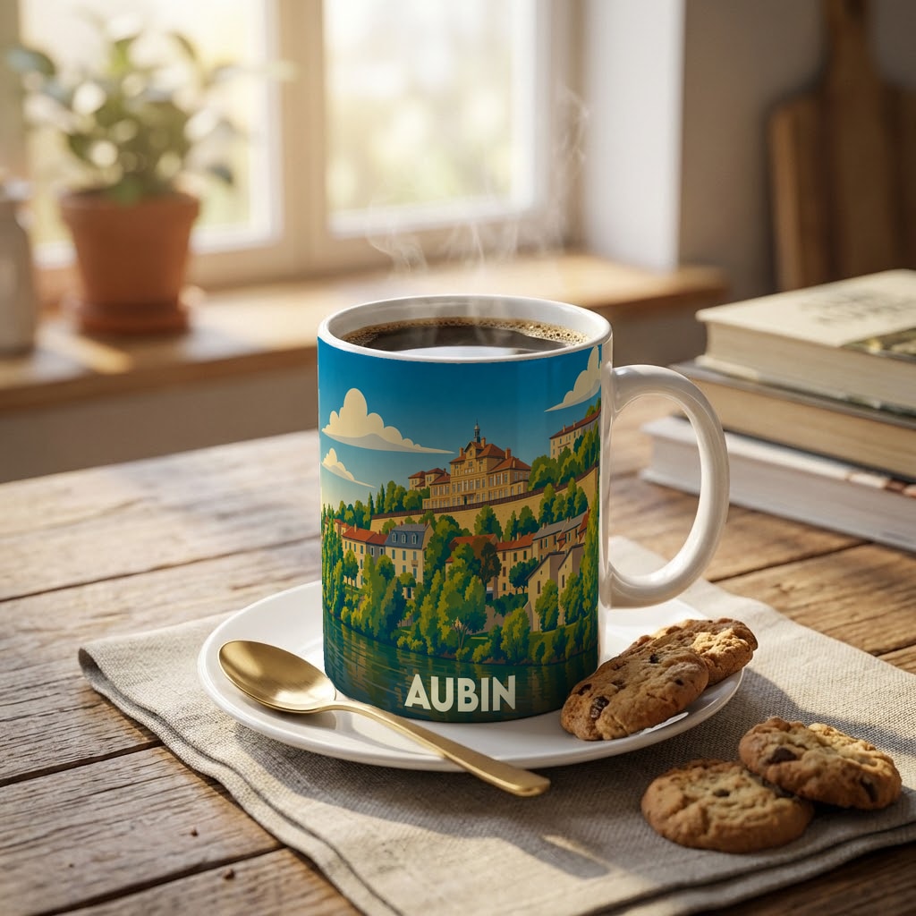 Mug souvenir de la ville d'Aubin orné d'une illustration stylisée d'un paysage urbain au bord de l'eau.