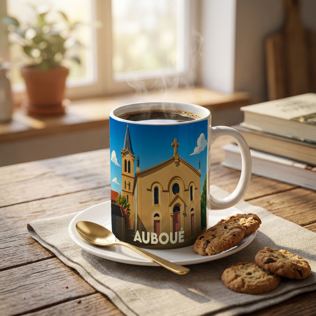 Mug souvenir de la ville de Auboué orné d'une illustration stylisée de son église.