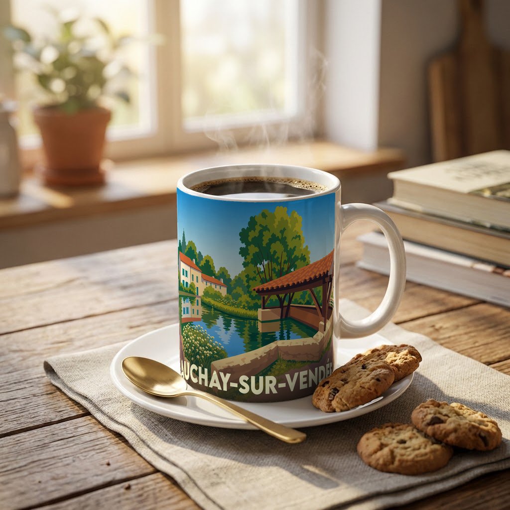Mug souvenir de la ville d'Auchay-sur-Vendée avec une illustration stylisée d'un paysage local.