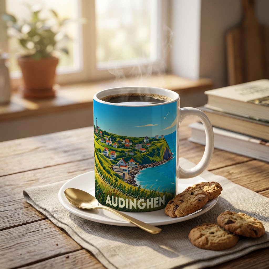 Mug souvenir de la ville d'Audinghen illustré d'un paysage côtier coloré.