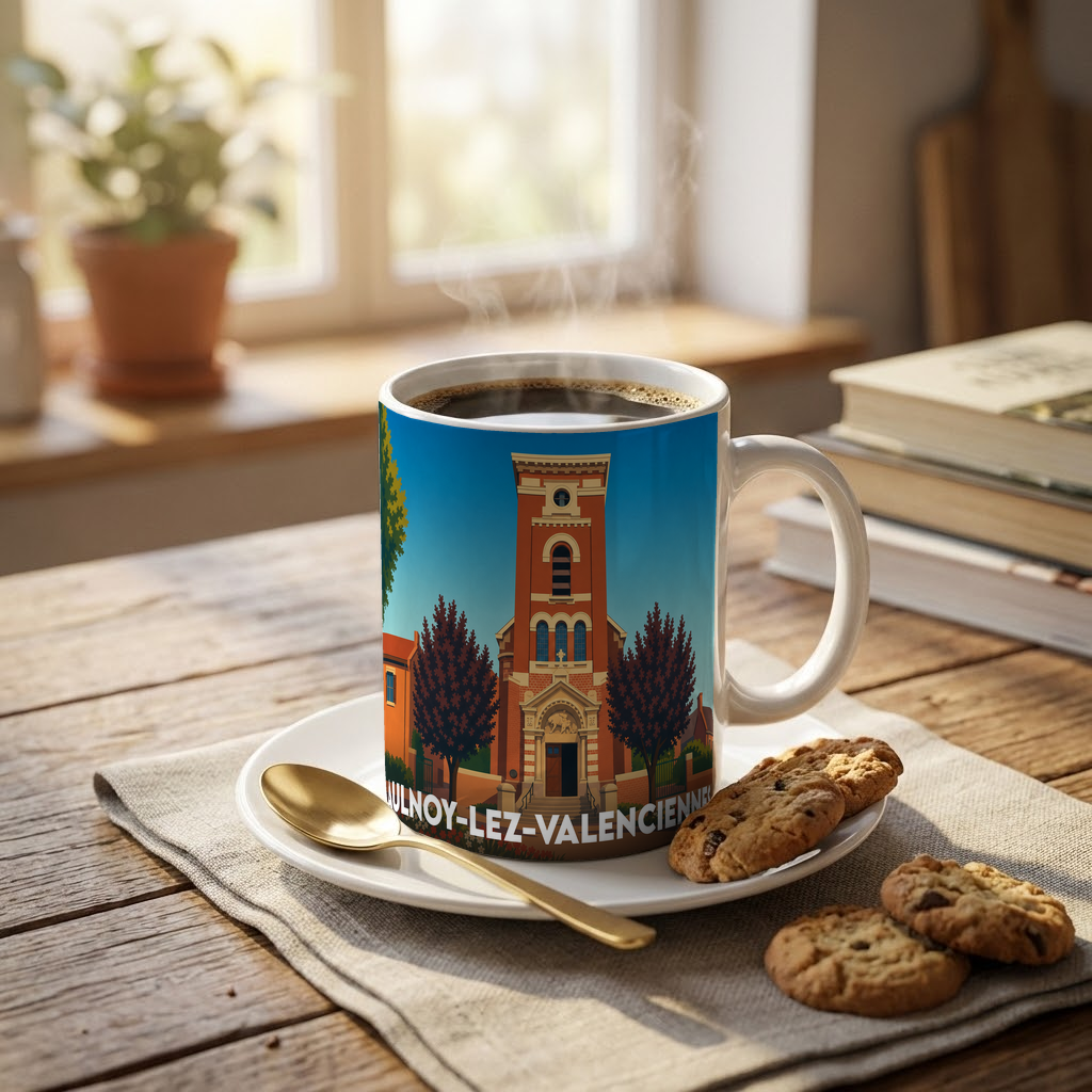 Mug souvenir de la ville d'Aulnoy-lez-Valenciennes avec une illustration stylisée de son église.